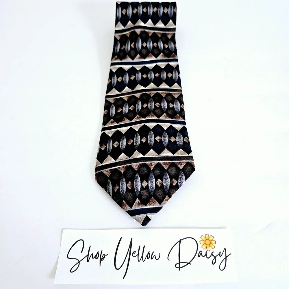 Vintage Albert Nipon Silk Necktie Geometric Diamond Navy Brown Tan Professional‎